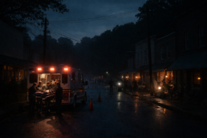 people outside Hollenwil Ridge in the street during a power outage on December 20, 2025