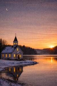Winter evening at the church.
Lights on after sunset.
No announcement posted.